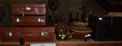 Lot 1131 - A pair of Victorian footstools, walking sticks, two jam pans, suitcases, three copper and brass...