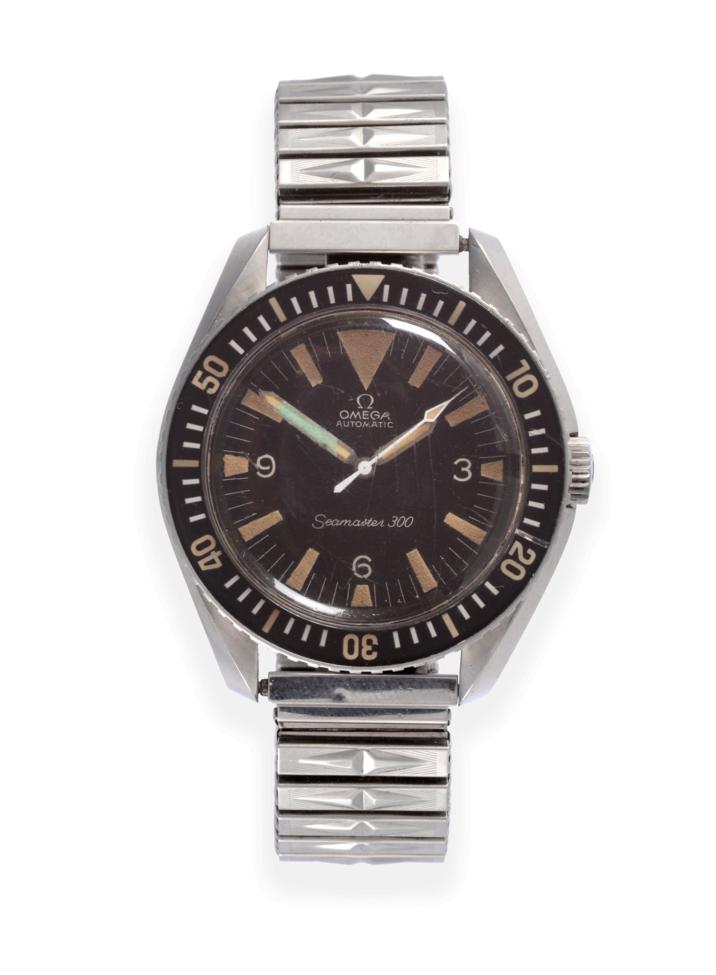 Lot 169 - A Rare Stainless Steel Automatic Centre Seconds Wristwatch, signed Omega, model: Seamaster 300...