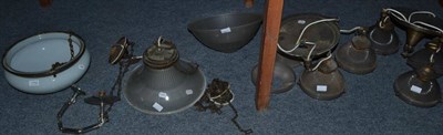 Lot 1152 - Pair of three light electroliers with fluted shades, together with three other light fittings