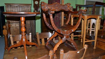 Lot 1262 - Edwardian oak occasional table, Victorian mahogany tripod table and a carved Eastern X-frame chair