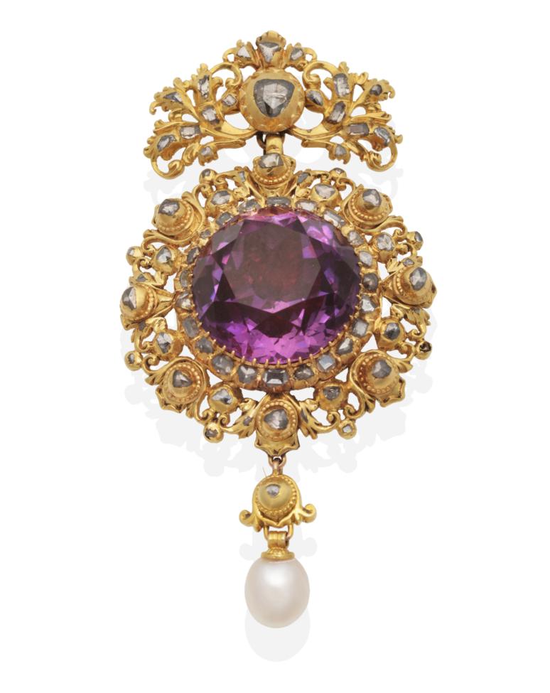 Lot 183 - A Georgian Amethyst, Rose Cut Diamond and Pearl Pendant, a round cut foil backed amethyst...