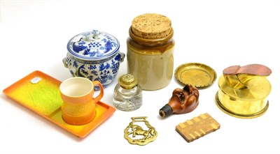 Lot 1 - A group including a trench art box, Chinese blue and white covered jar, Japanese game counter,...