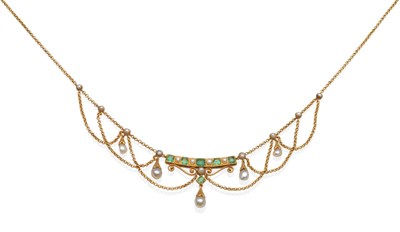 Lot 186 - A Late 19th Century Emerald and Pearl Necklace, a central curved plaque of alternating...
