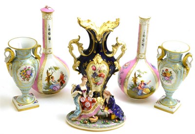 Lot 5 - A pair of Dresden vases, a Continental figural group, a pair of French vases and a...