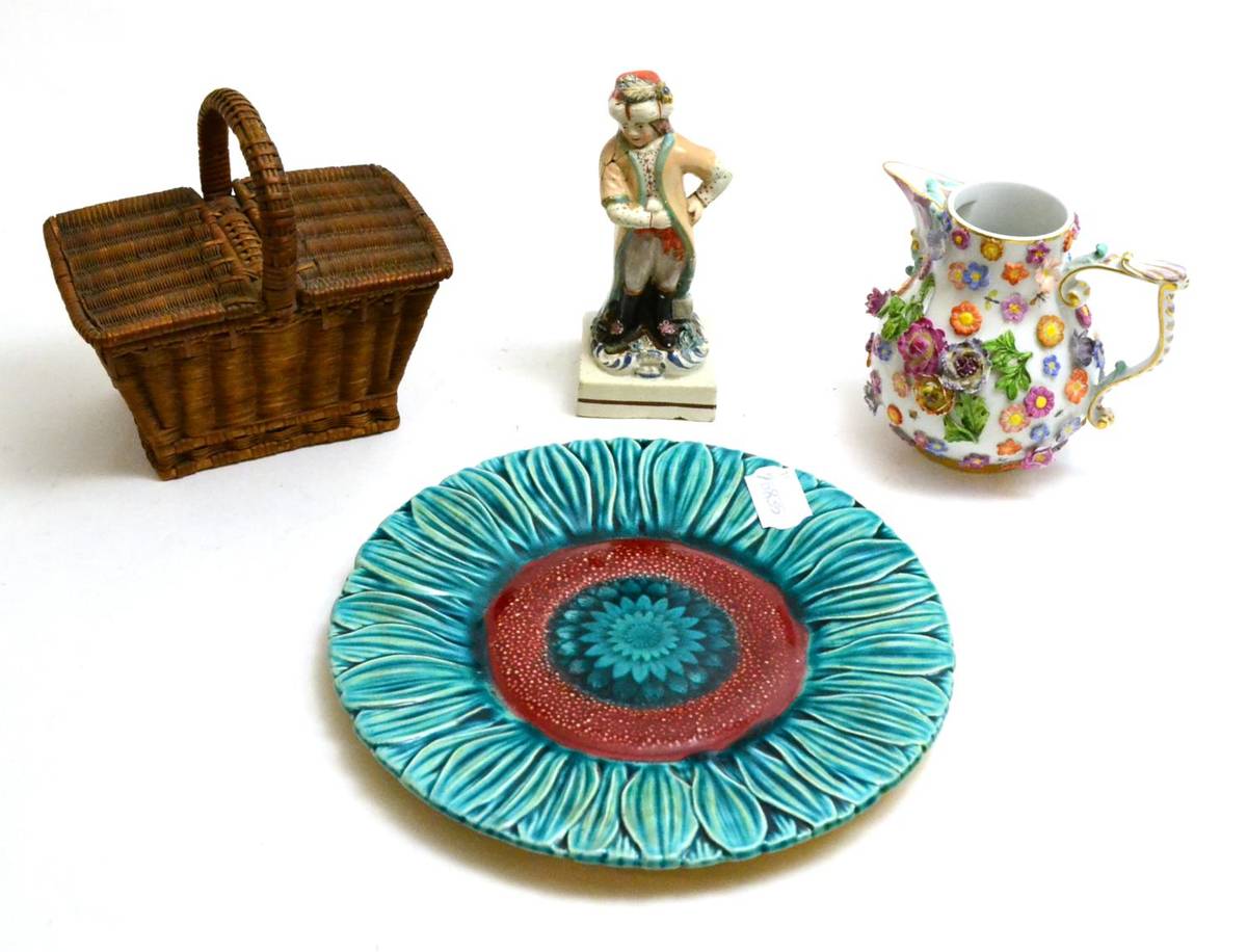 Lot 12 - A Meissen flower encrusted jug, a Staffordshire figure, a majolica glazed sunflower dish and a...