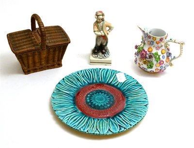 Lot 12 - A Meissen flower encrusted jug, a Staffordshire figure, a majolica glazed sunflower dish and a...