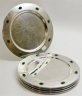 Lot 15 - A set of six Arts & Crafts white metal plates set with green cabochons, with impressed marks J...