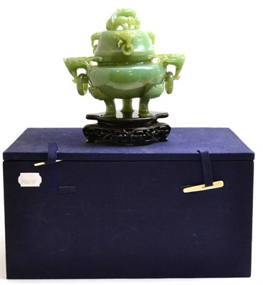 Lot 17 - Green jade vase and cover in fitted box