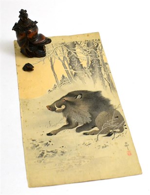 Lot 23 - A Japanese painting 'Wild Boar' and a wood carving