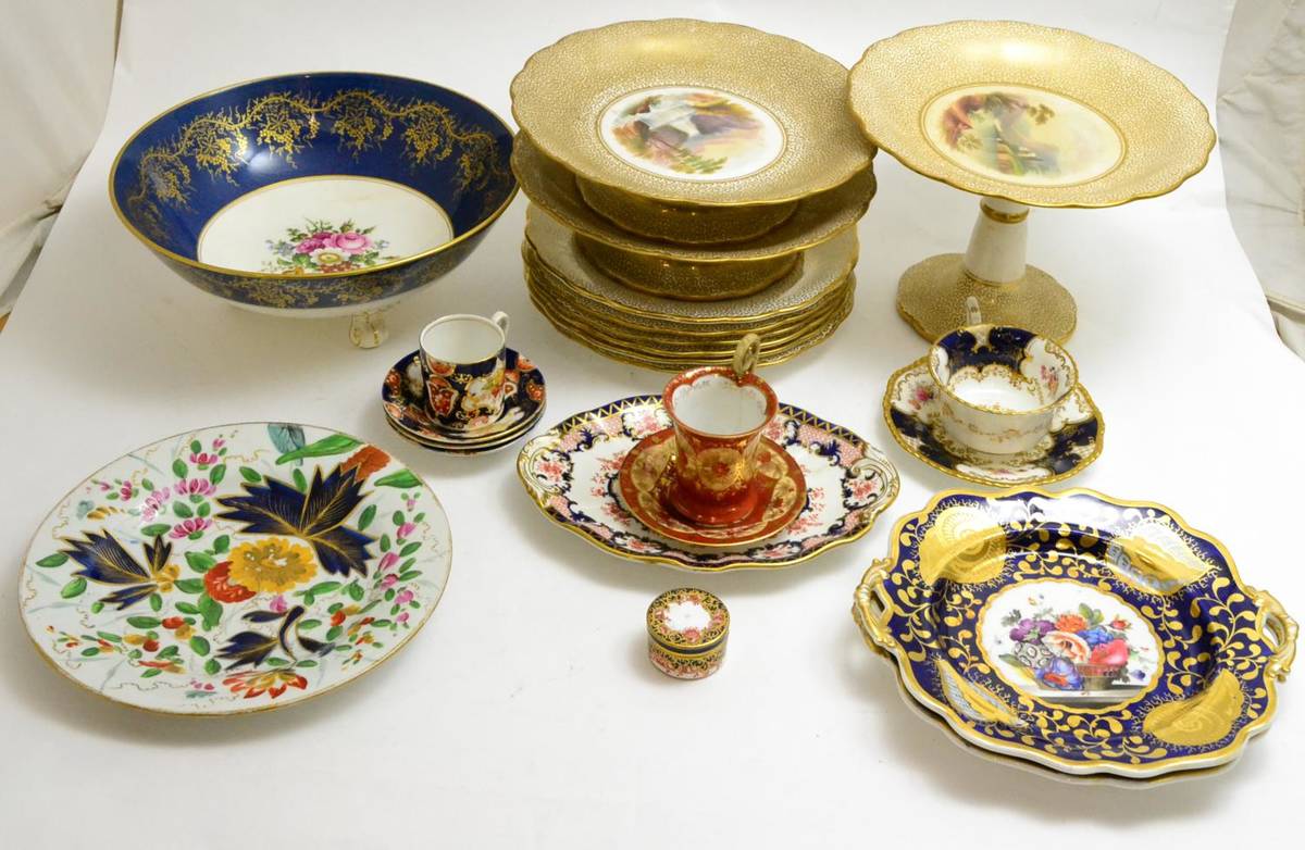 Lot 24 - A Victorian dessert service, Royal Crown Derby circular box, 19th century dishes etc on two trays