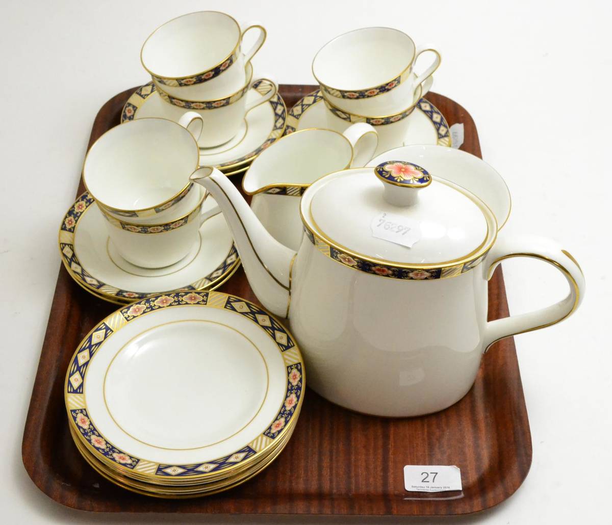 Lot 27 - A Royal Crown Derby 'Kedleston' pattern tea service comprising of a teapot, cream, sugar, six...