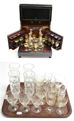 Lot 33 - A tray of drinking glasses including champagnes, cordials etc, some with etched decoration together
