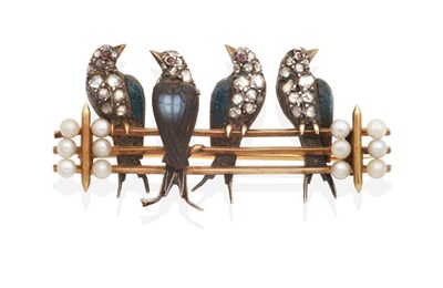 Lot 190 - An Early 20th Century Onyx, Diamond and Pearl Novelty Bird Brooch, modelled as four swallows,...