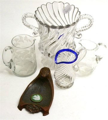 Lot 42 - A group including 19th century wrythen glass cream jug, etched glass jugs, an Art Nouveau...