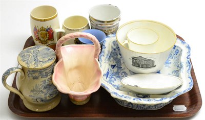Lot 43 - A tray of 19th century and later ceramics including a Royal Doulton match striker, a blue and white