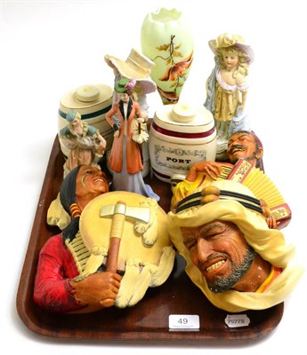 Lot 49 - Three Bossons wall plaques, port and sherry decanters, four German bisque figures, Victorian...