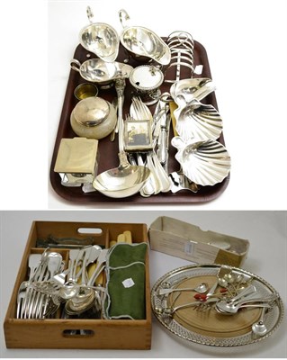 Lot 50 - A tray including a six division silver toast rack, plated wares and silver mounted items...