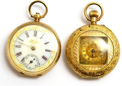 Lot 63 - Two Continental 14K gold cased lady's fob watches