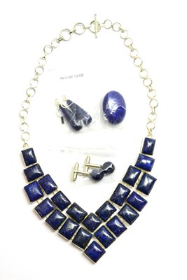 Lot 68 - A lapis lazuli necklace, earrings, brooch and a pair of cufflinks