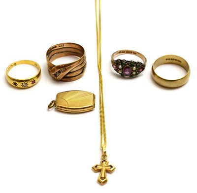 Lot 72 - Four rings, two stamped 375, 18ct and 15ct gold, pendant ring stamped 585 and attached chain...