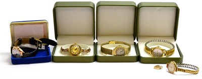 Lot 81 - A 9ct gold wristwatch, lady's Bentima 9ct gold wristwatch, three other lady's wristwatches and...