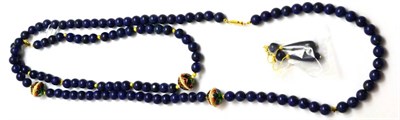 Lot 90 - Two lapis lazuli necklaces with cloisonne beads and a pair of lapis lazuli earrings