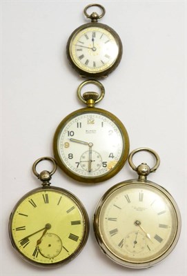 Lot 91 - Two silver pocket watches, a military Bureau pocket watch and a lady's fob watch, case stamped...
