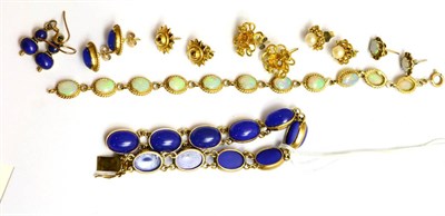 Lot 93 - A 9ct gold lapis lazuli bracelet, an opal bracelet and six pairs of assorted earrings