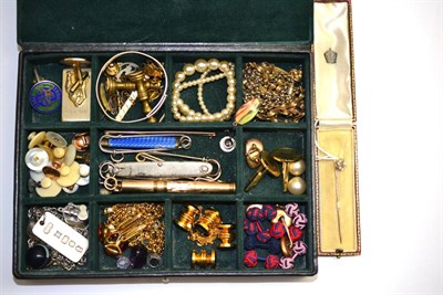 Lot 109 - A box containing assorted jewellery and curios, including cufflinks, chains, an extending...