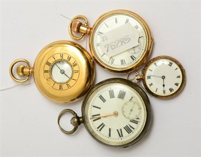 Lot 123 - A 9ct gold cased lady's fob watch, a gentleman's silver-cased pocket watch and two Waltham...