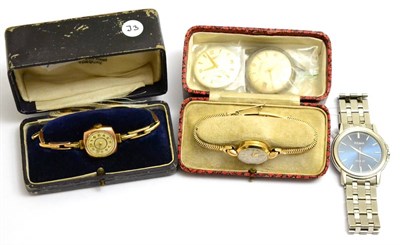 Lot 124 - Two lady's gold case wristwatches, a Posor gentleman's wristwatch (lacking bracelet) and two others