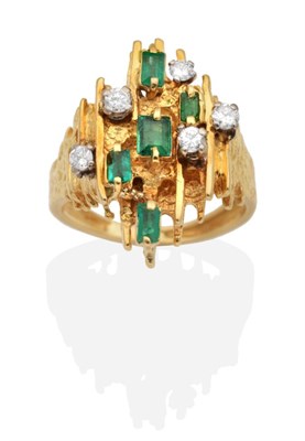 Lot 200 - A 1970s Emerald and Diamond Ring, vari-sized baguette cut emeralds and round brilliant cut diamonds