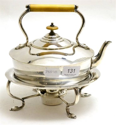 Lot 131 - An Edwardian silver plated kettle on stand with ivory handle and knop to cover