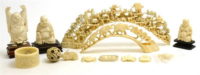 Lot 149 - A group of early 20th century Chinese ivory including an elephant bridge, a landscape carved...