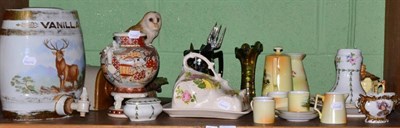 Lot 155 - A quantity of ceramics including a barrel form pottery decanter, Satsuma wares, cheese dish,...