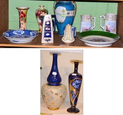 Lot 157 - A shelf of mixed ceramics, blush ivory Royal Worcester china, a pierced vase, a trumpet floral vase