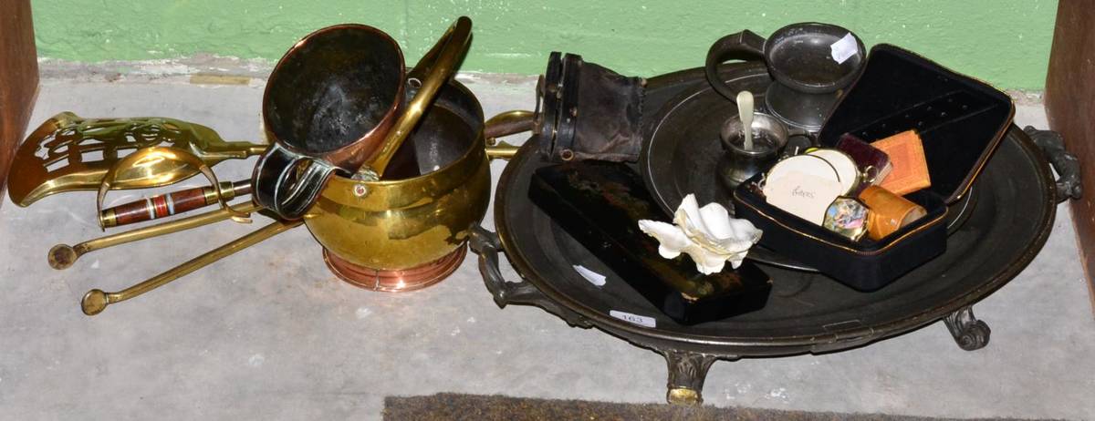 Lot 163 - A group of 19th century pewter including meat plate, tankards, brass and copper items etc
