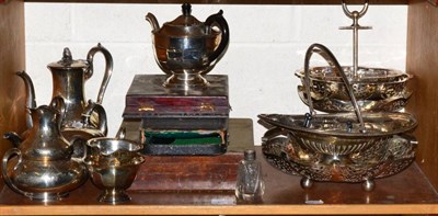 Lot 176 - A shelf of plated ware including a four piece Elkington & Co. tea service, cased flatware, two...