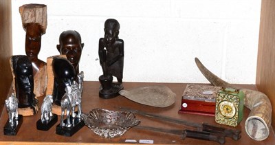 Lot 178 - Five carved tribal figure heads, a horn, a white metal dish, two bayonets, timepiece, silver...