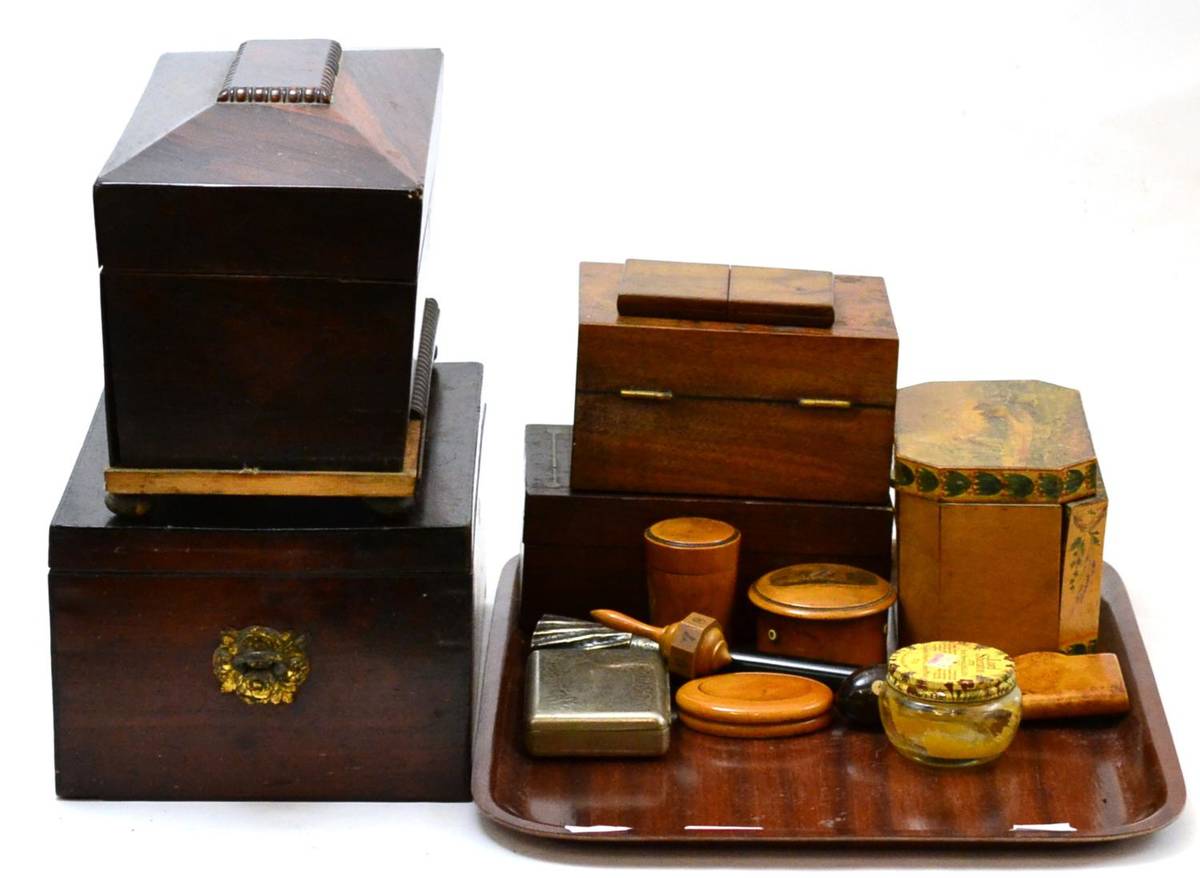 Lot 192 - A collection of treen including Mauchline ware, rosewood tea caddy, silver cane handle etc