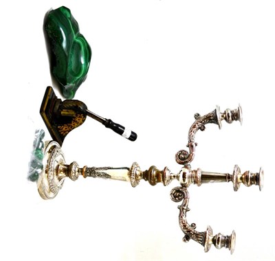 Lot 200 - Sheffield plate candelabra (matched), malachite pieces and a gilt decorated address press
