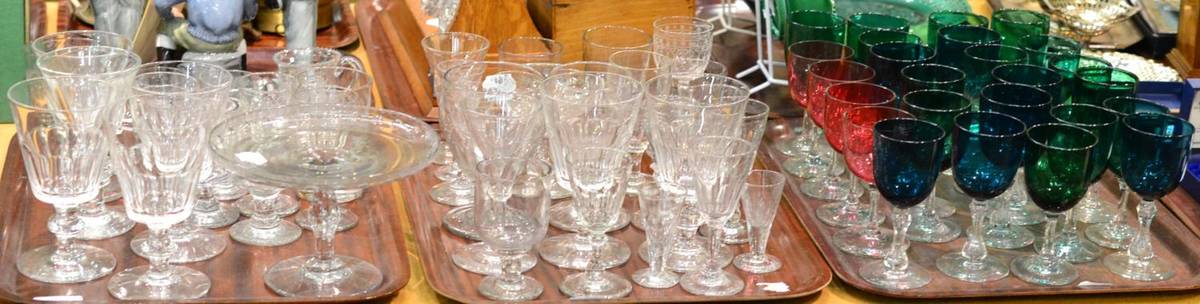 Lot 206 - A collection of glass, including a Georgian rummer, cranberry glass tazza, etc (on three trays)
