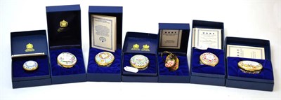 Lot 207 - Six Halcyon days enamel boxes and Limoges miniature basket in case