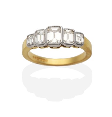 Lot 209 - A Diamond Five Stone Ring, graduated octagonal cut diamonds in rubbed over settings, total...