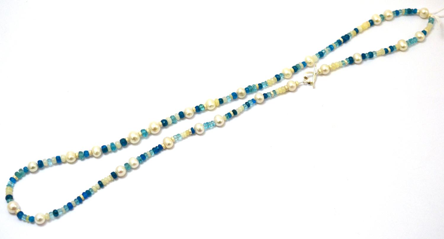 Lot 238 - An apatite, Ethiopian opal and cultured pearl necklace, strung with frosted beads, to a toggle...