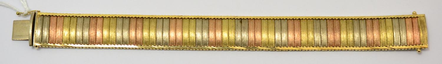 Lot 260 - A three colour 9ct gold bracelet