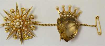 Lot 269 - A 9ct gold smokey quartz and seed pearl heart and coronet brooch, and a diamond and split pearl set