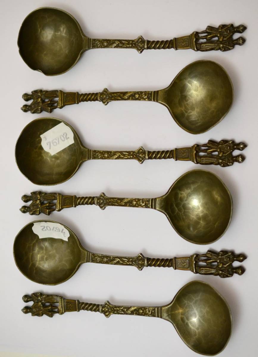 Lot 272 - A set of six lacquered pewter commemorative rat tail spoons with William and Mary Finials, with...