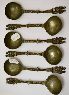 Lot 272 - A set of six lacquered pewter commemorative rat tail spoons with William and Mary Finials, with...