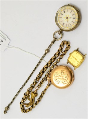 Lot 287 - A lady's fob watch and attached watch chain with plaque stamped '9C', a lady's fob watch and a...